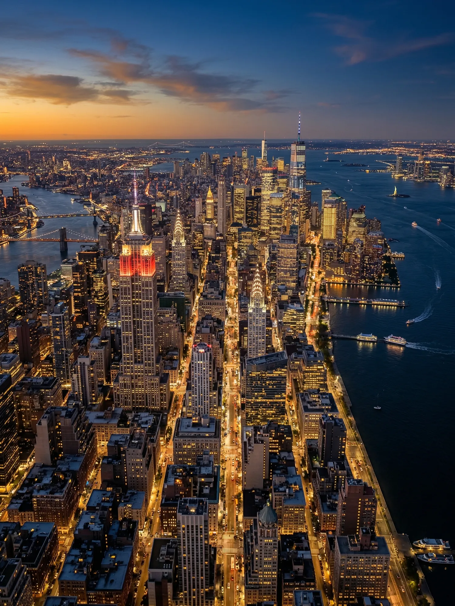 Panoramic aerial view of New York skyline at golden hour
