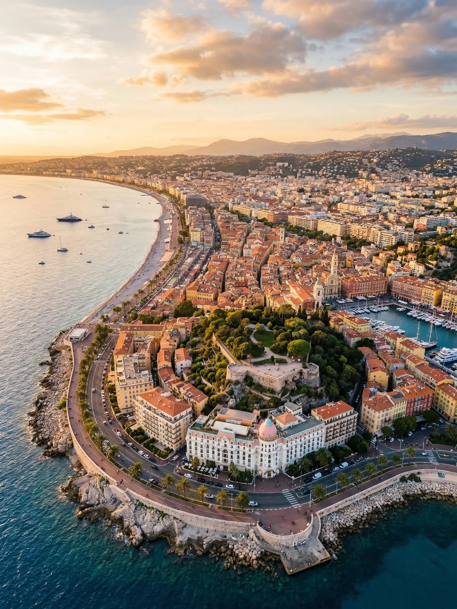 Panoramic aerial view of Nice skyline at golden hour
