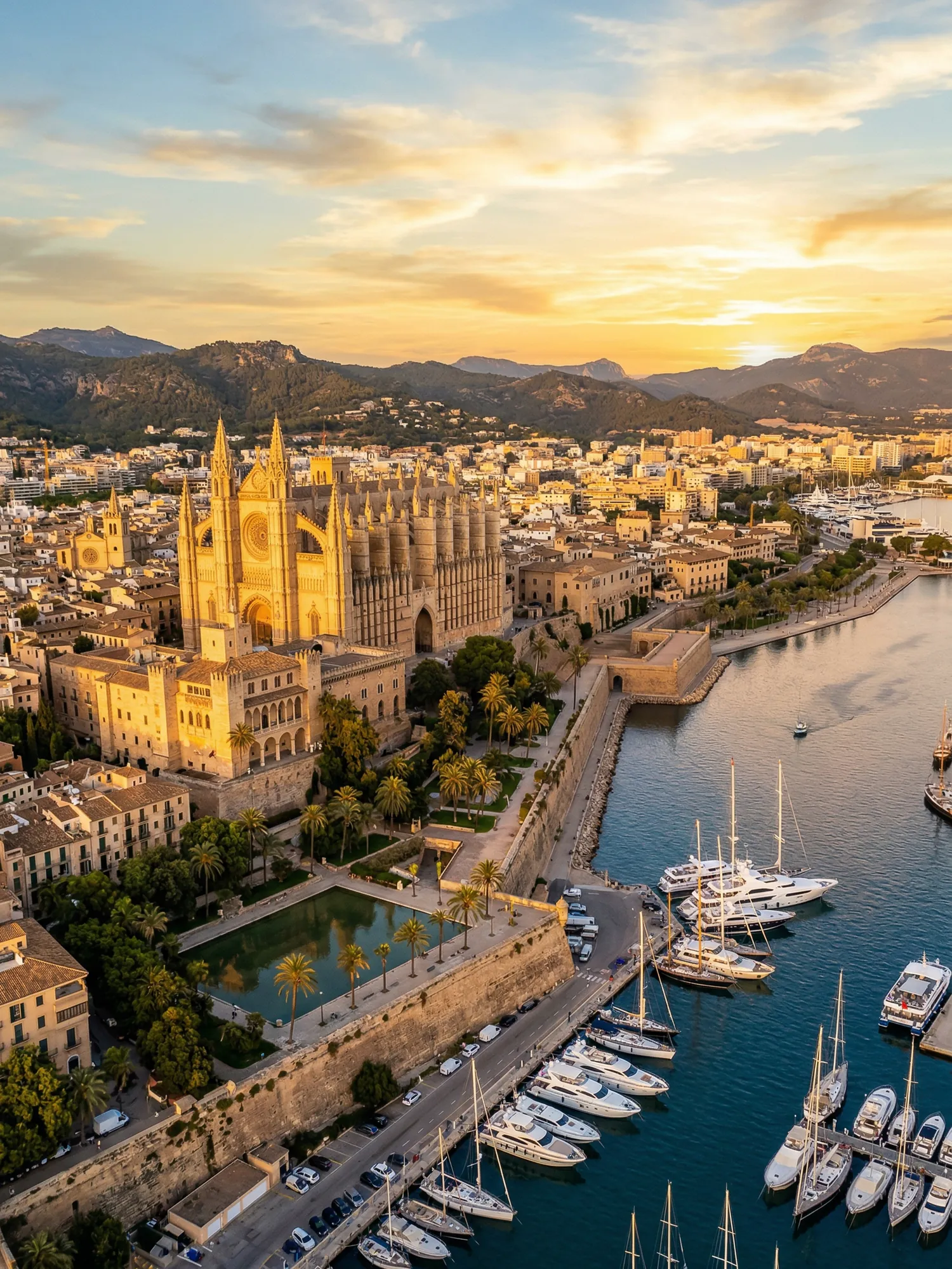 Panoramic aerial view of Palma De Mallorca skyline at golden hour