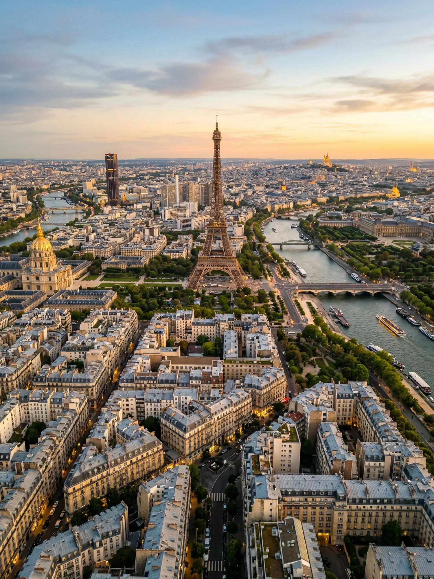 Panoramic aerial view of Paris skyline at golden hour