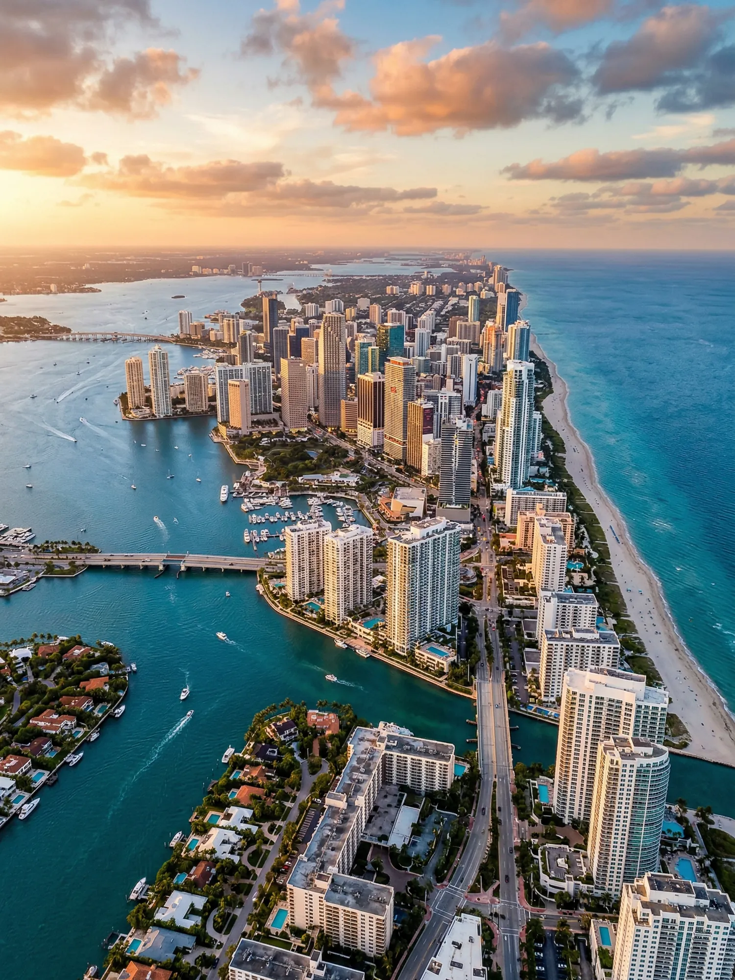 Panoramic aerial view of South Florida skyline at golden hour