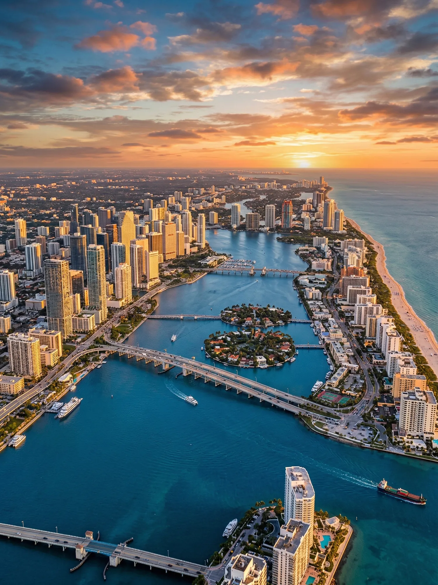 Panoramic aerial view of South Florida skyline at golden hour