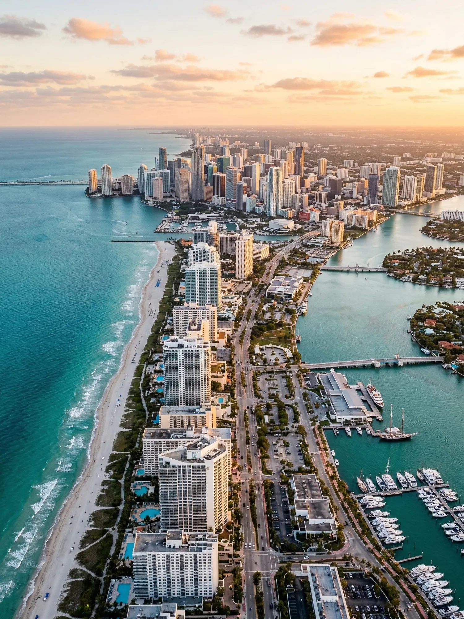 Panoramic aerial view of South Florida skyline at golden hour