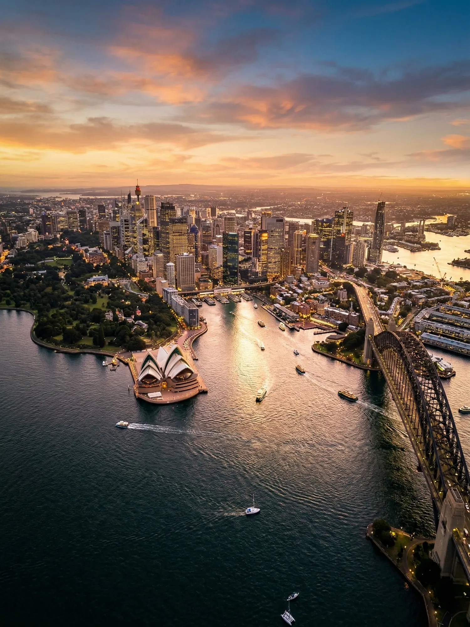 Panoramic aerial view of Sydney skyline at golden hour