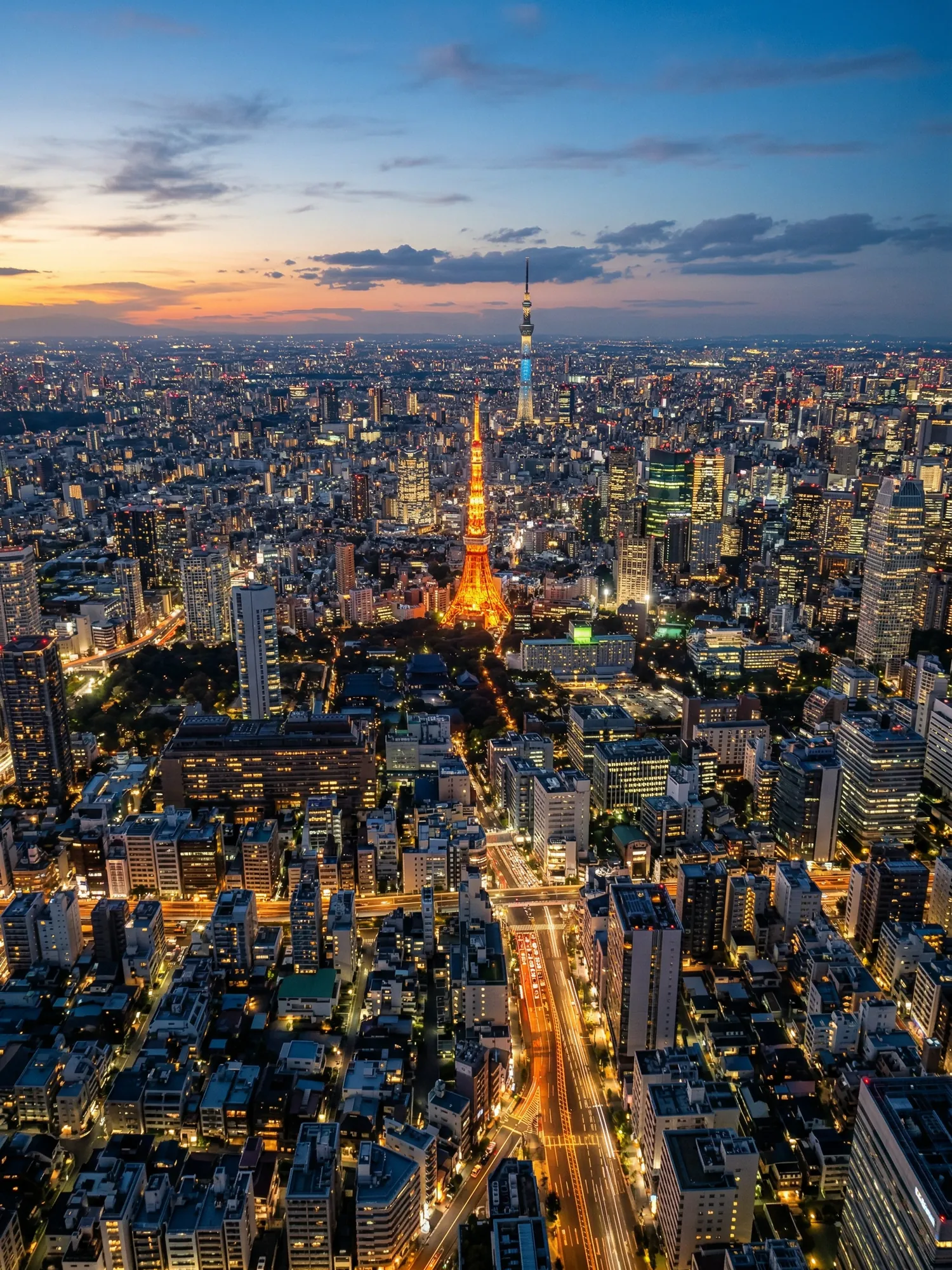 Panoramic aerial view of Tokyo skyline at golden hour