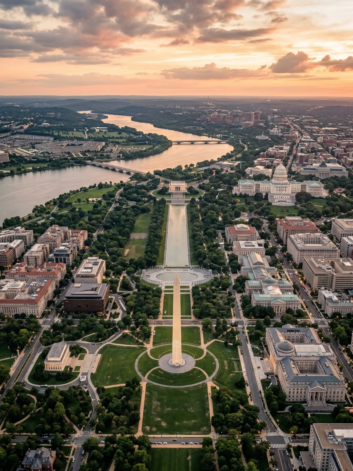 Panoramic aerial view of Washington skyline at golden hour