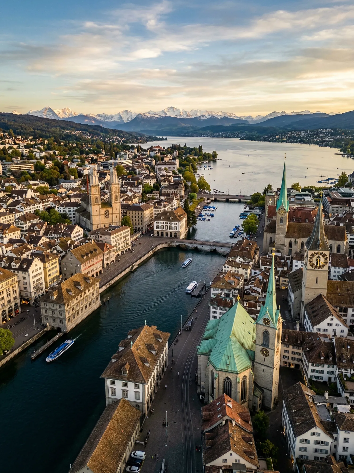 Panoramic aerial view of Zurich skyline at golden hour