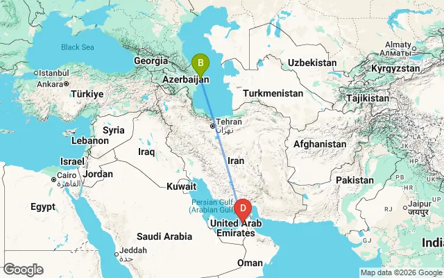 Flight path from Baku to Dubai