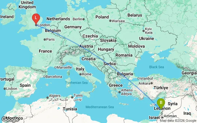 Flight path from Beirut to London