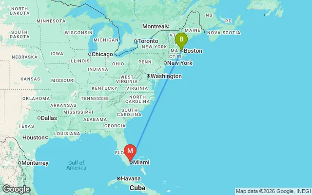 Flight path from Boston to Miami