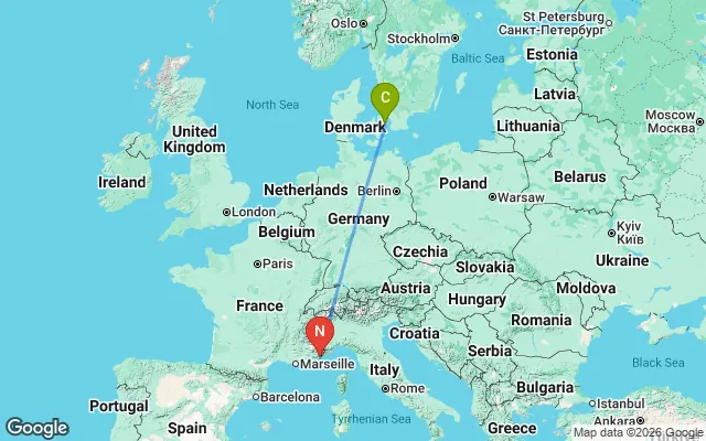 Flight path from Copenhagen to Nice