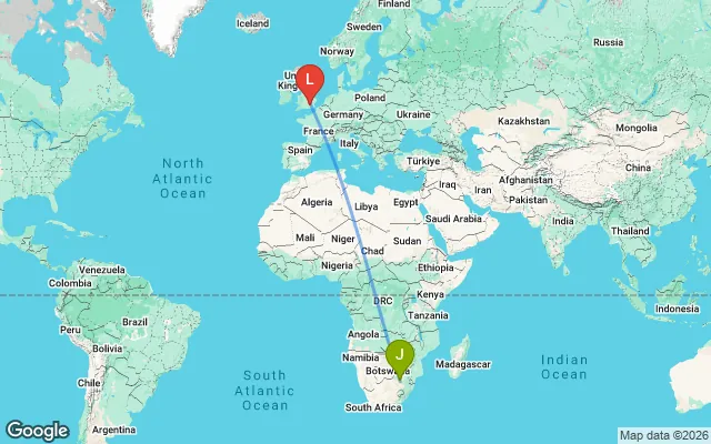 Flight path from Johannesburg to London