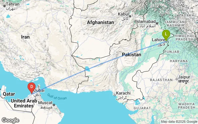 Flight path from Lahore to Dubai