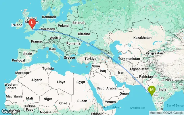 Flight path from Mumbai to London