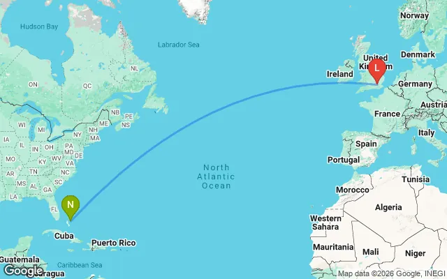 Flight path from Nassau to London