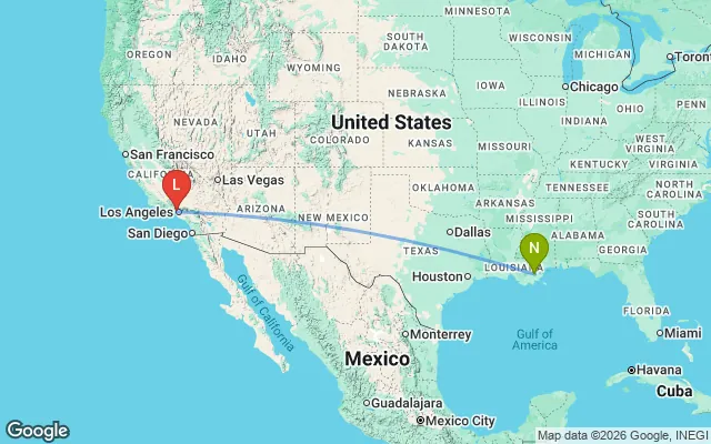 Flight path from New Orleans to Los Angeles