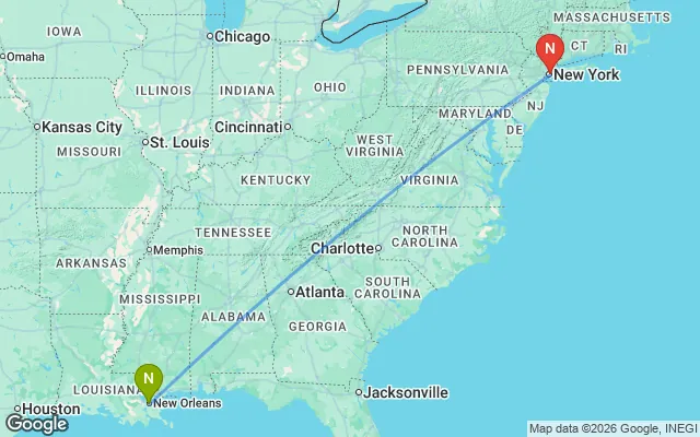 Flight path from New Orleans to New York