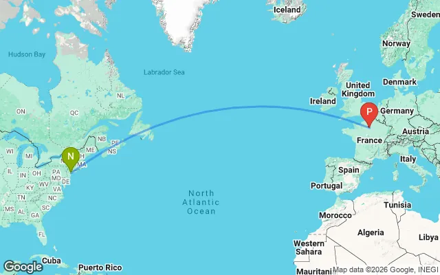 Flight path from New York to Paris