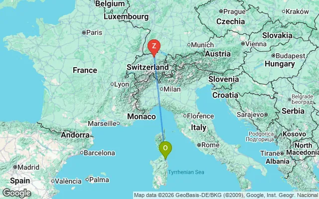 Flight path from Olbia to Zurich