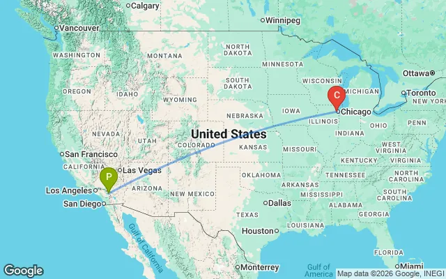 Flight path from Palm Springs to Chicago