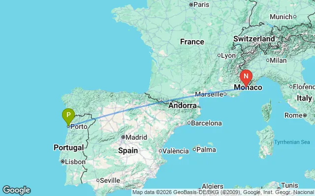 Flight path from Porto to Nice