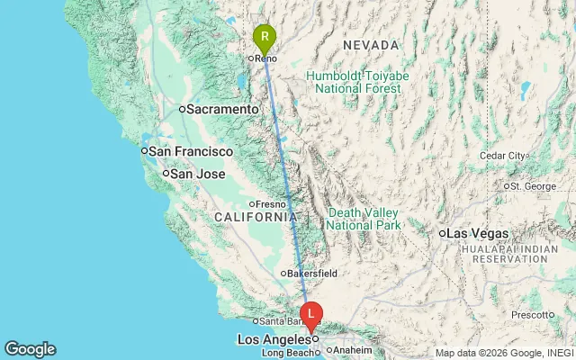Flight path from Reno to Los Angeles