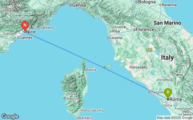 Flight path from Rome to Nice