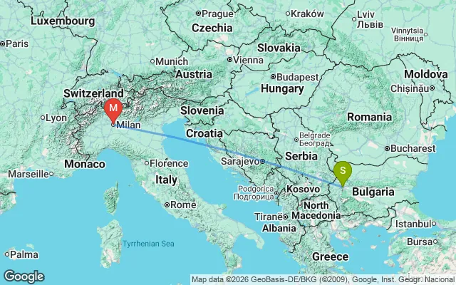 Flight path from Sofia to Milan