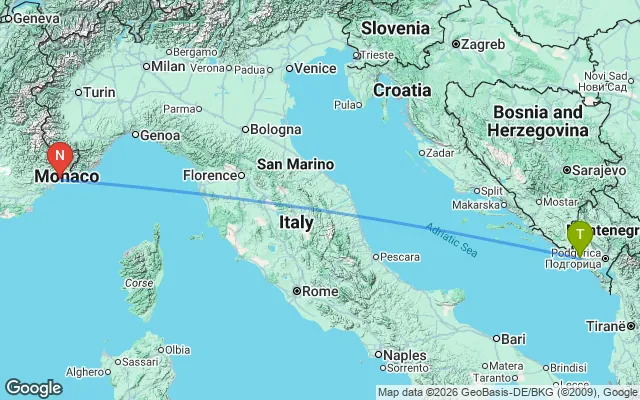 Flight path from Tivat to Nice