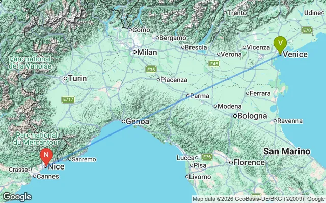 Flight path from Venice to Nice