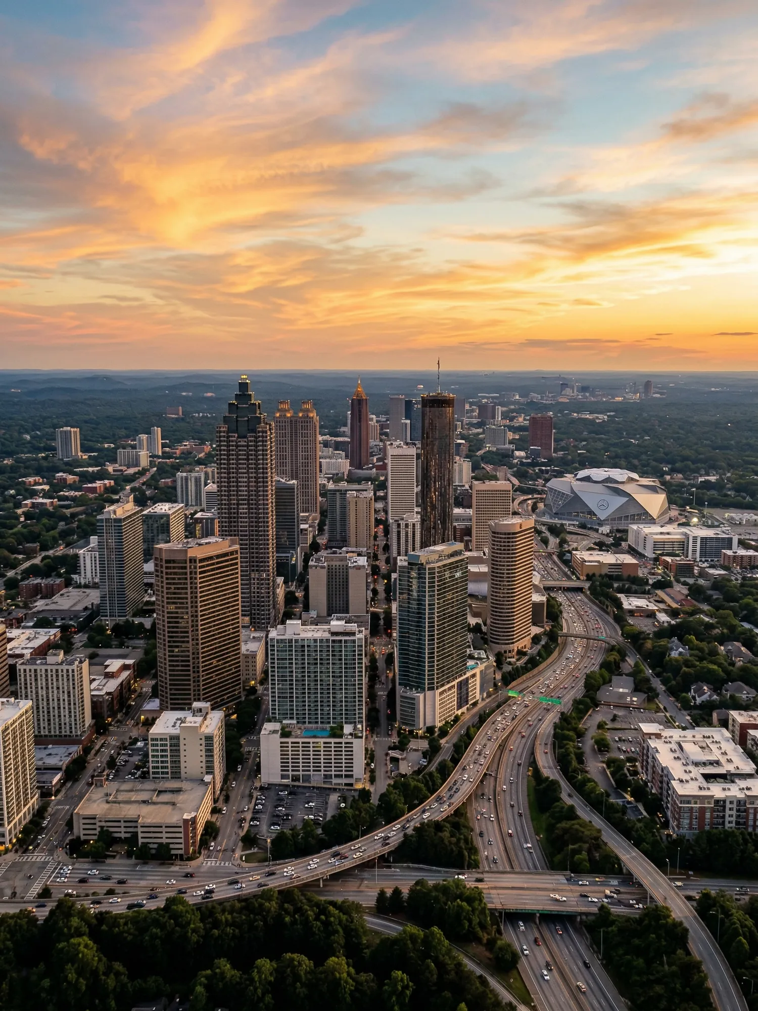 Panoramic aerial view of Atlanta skyline at golden hour