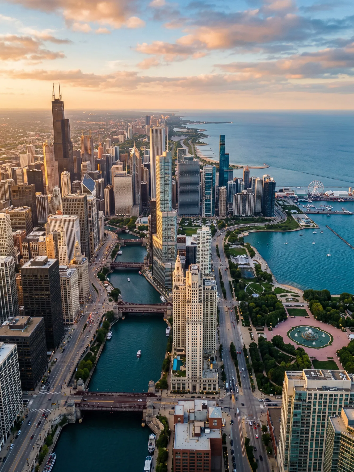 Panoramic aerial view of Chicago skyline at golden hour