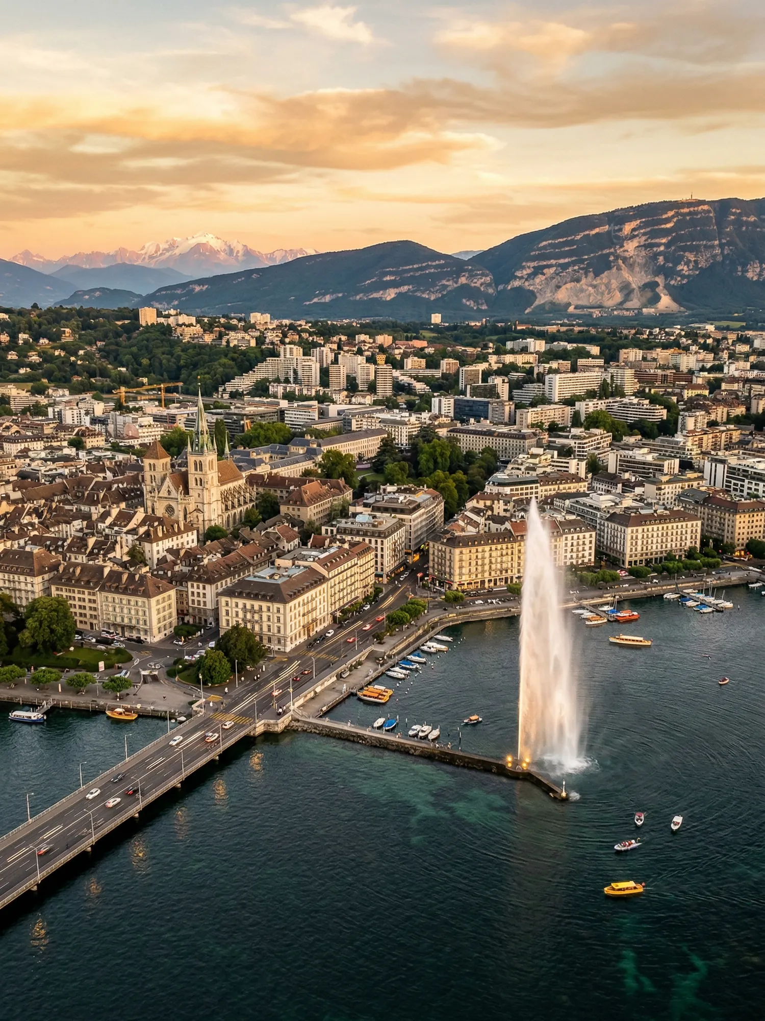 Panoramic aerial view of Geneva skyline at golden hour