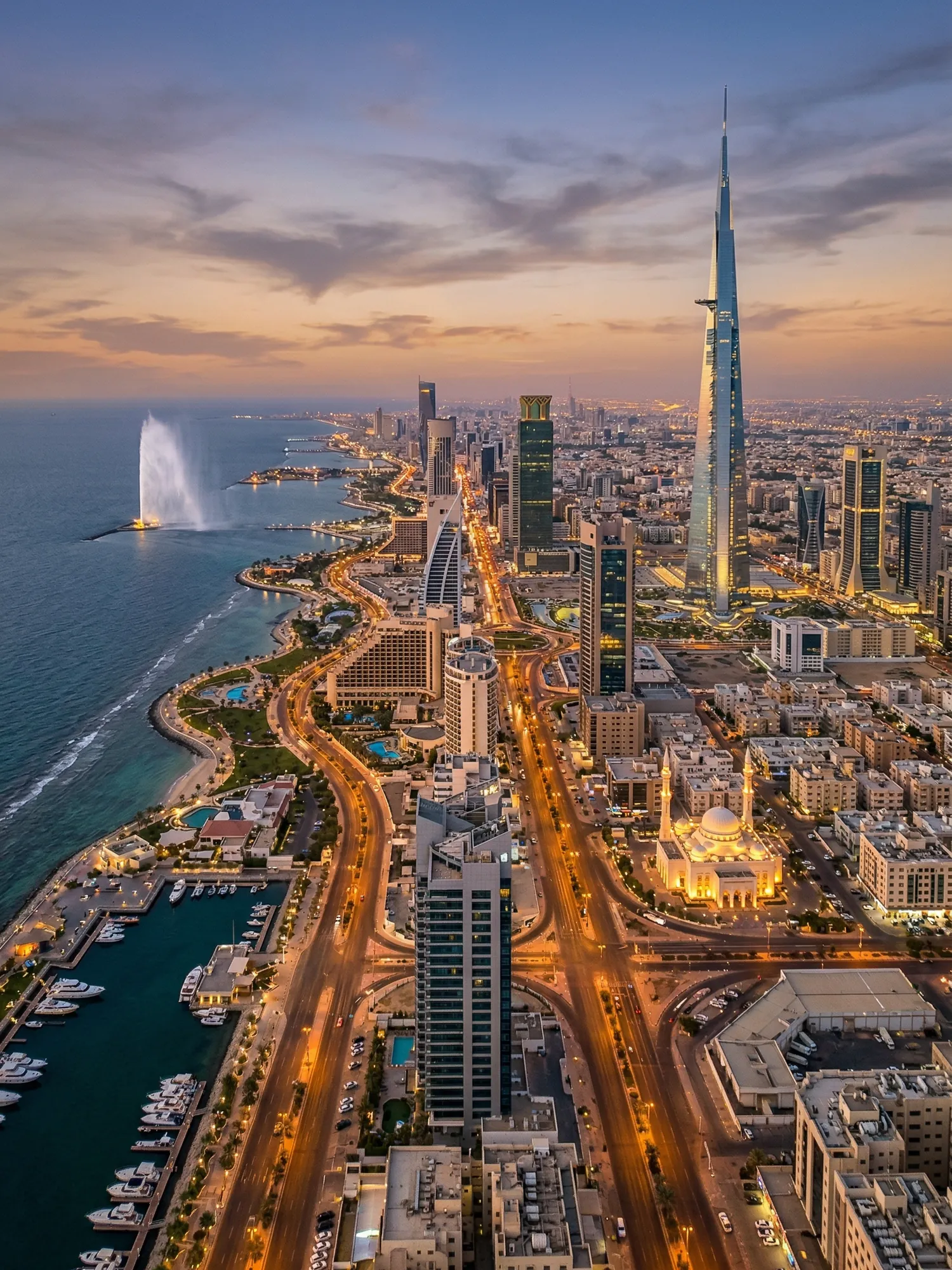 Panoramic aerial view of Jeddah skyline at golden hour
