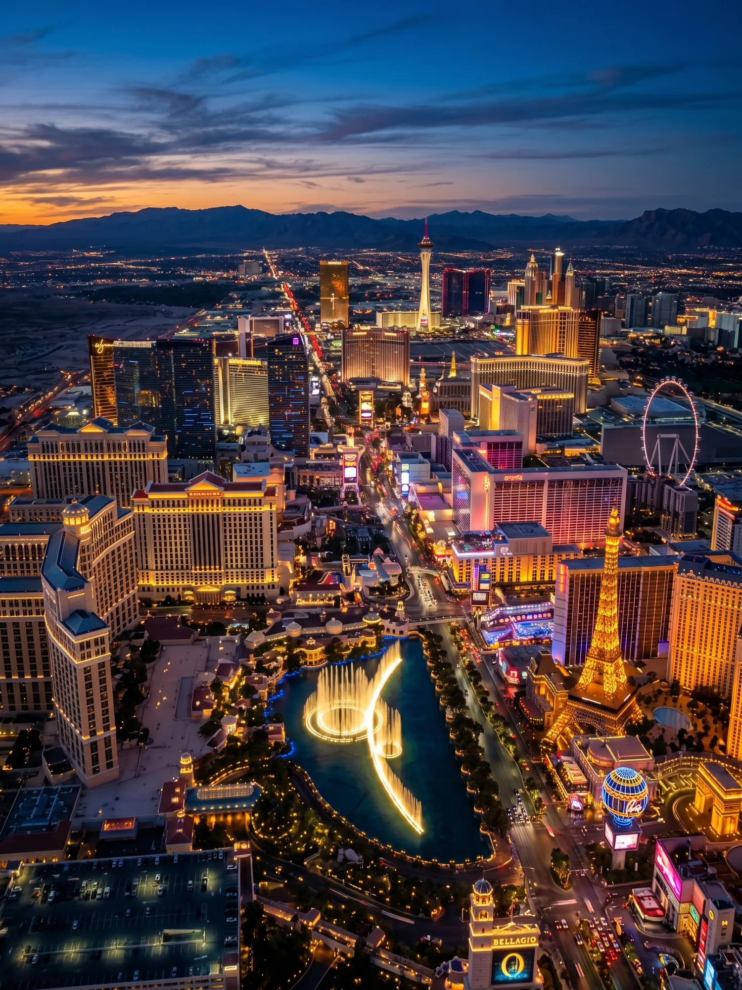 Panoramic aerial view of Las Vegas skyline at golden hour