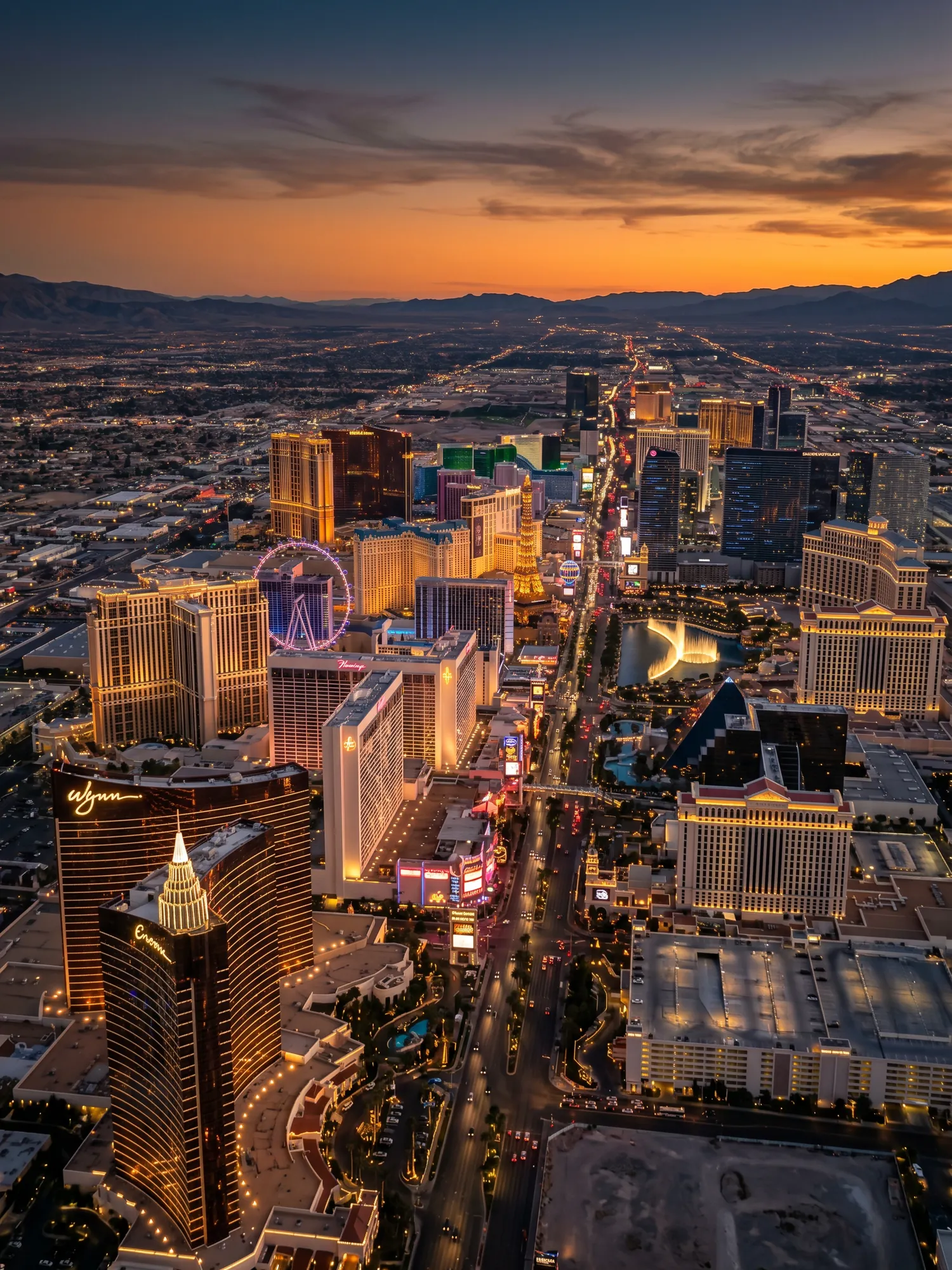 Panoramic aerial view of Las Vegas skyline at golden hour