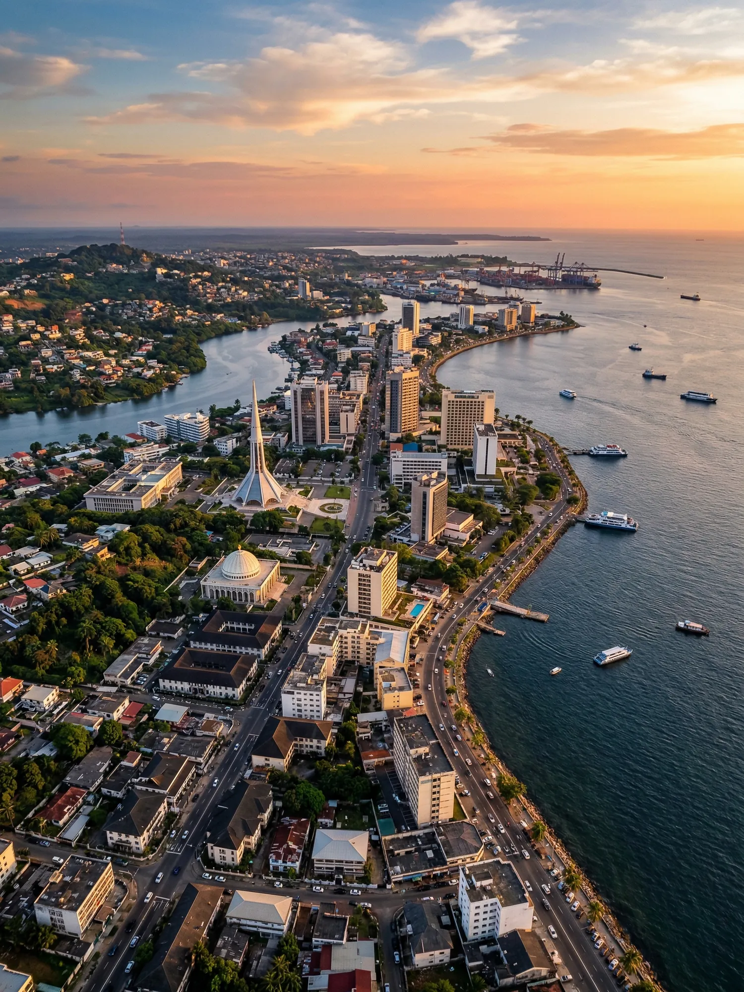 Panoramic aerial view of Libreville skyline at golden hour