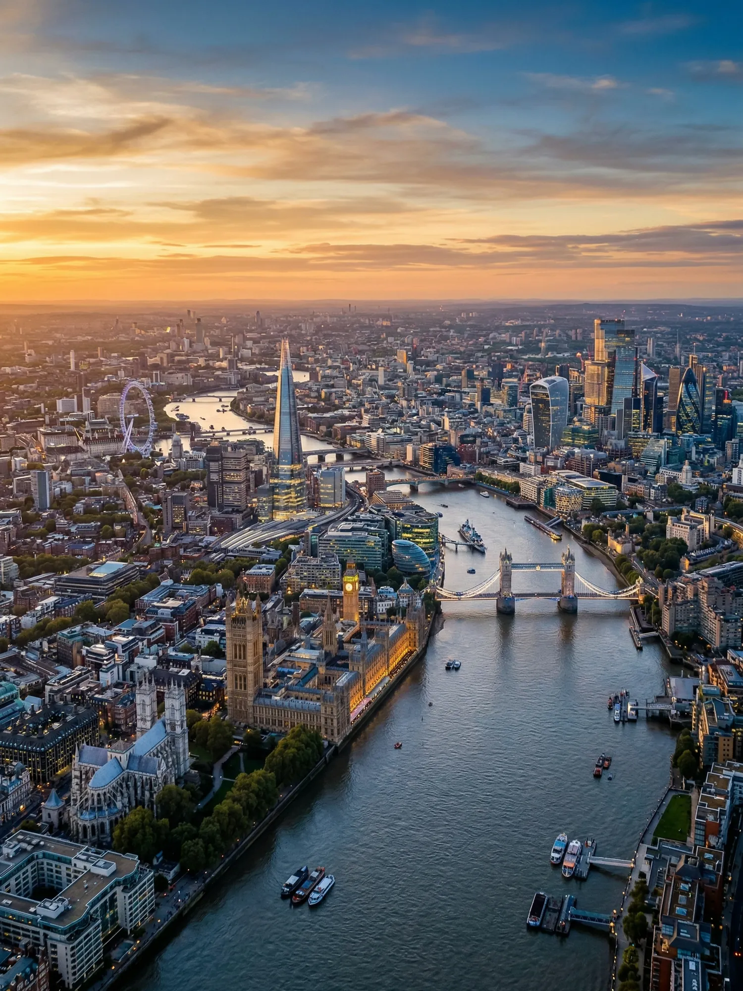 Panoramic aerial view of London skyline at golden hour