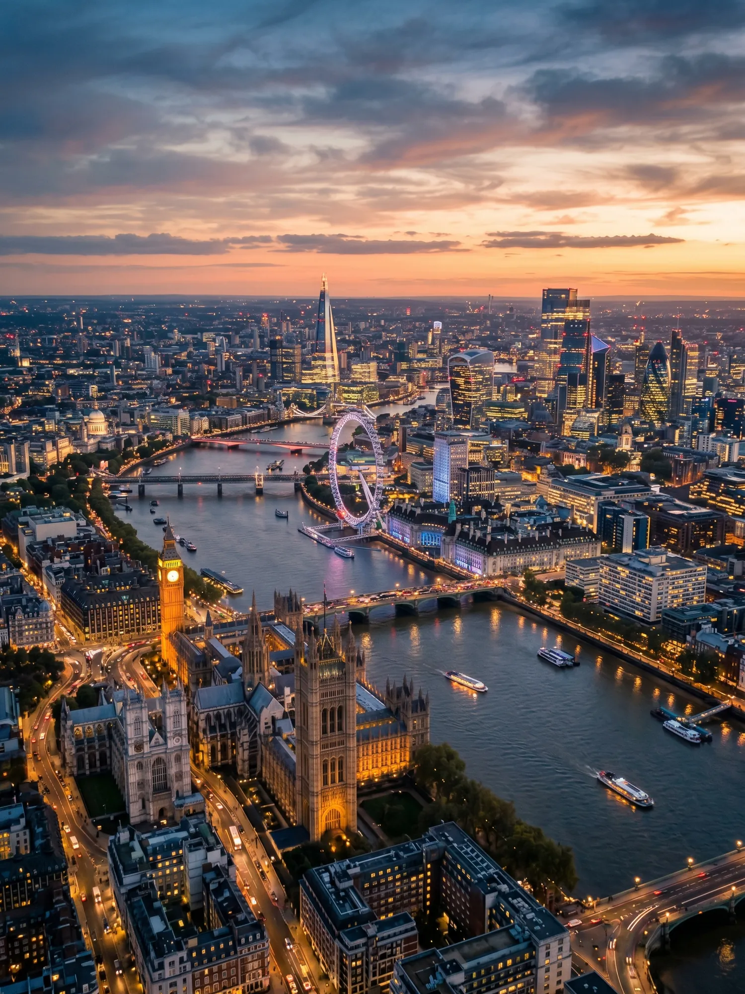 Panoramic aerial view of London skyline at golden hour