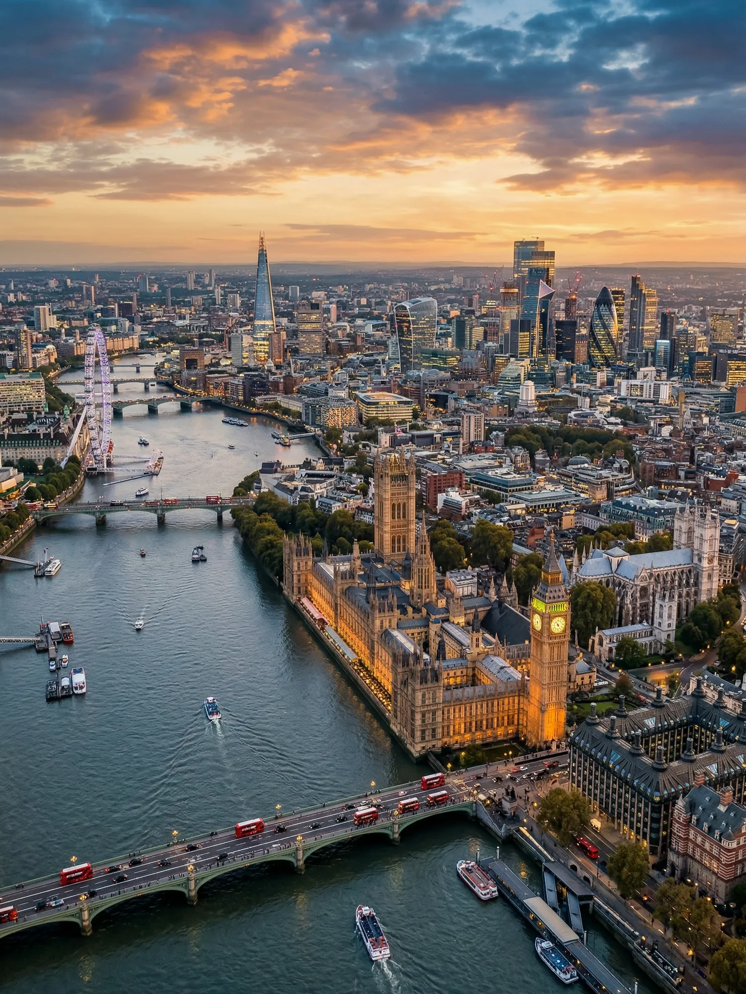 Panoramic aerial view of London skyline at golden hour