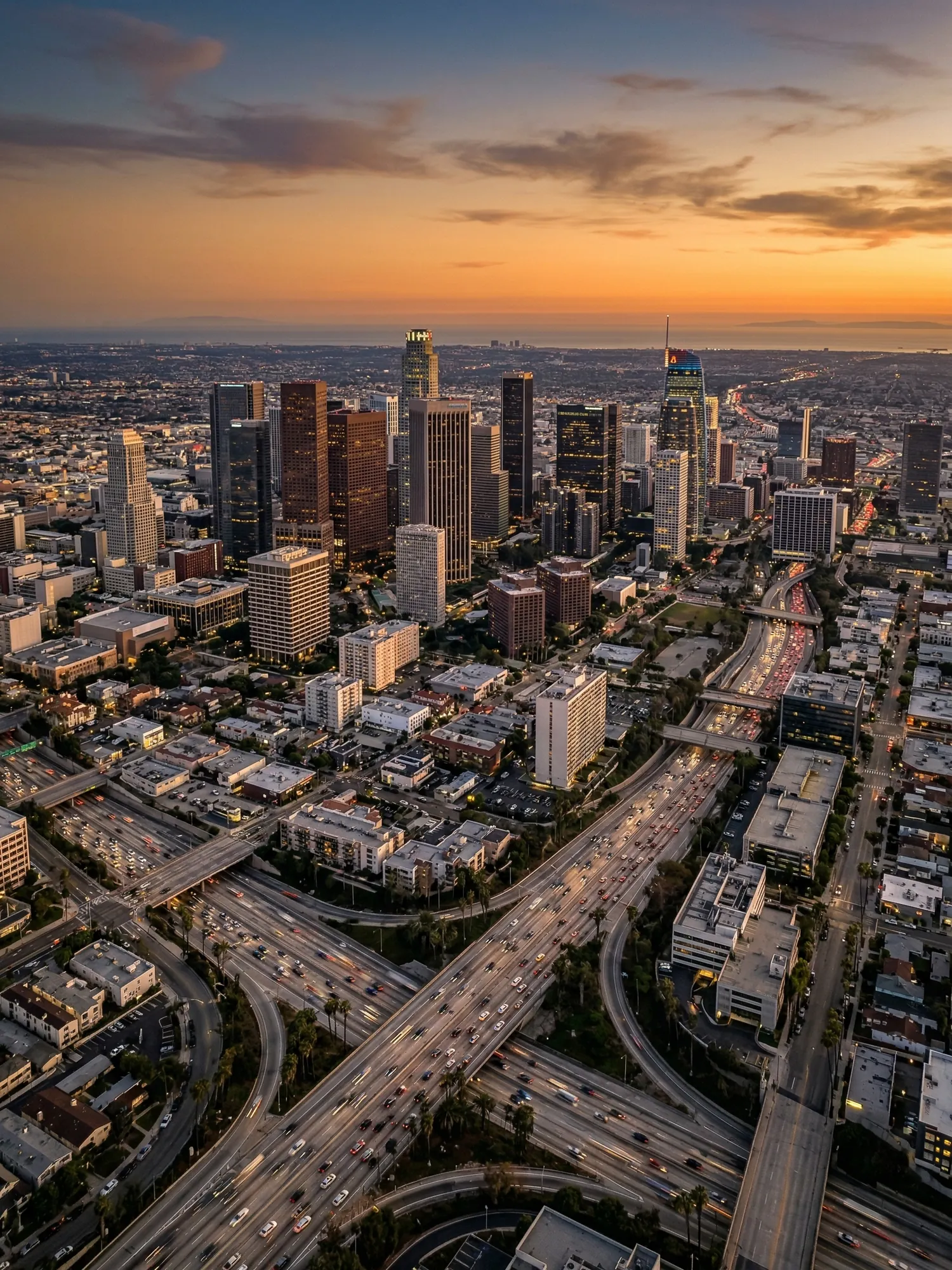 Panoramic aerial view of Los Angeles skyline at golden hour