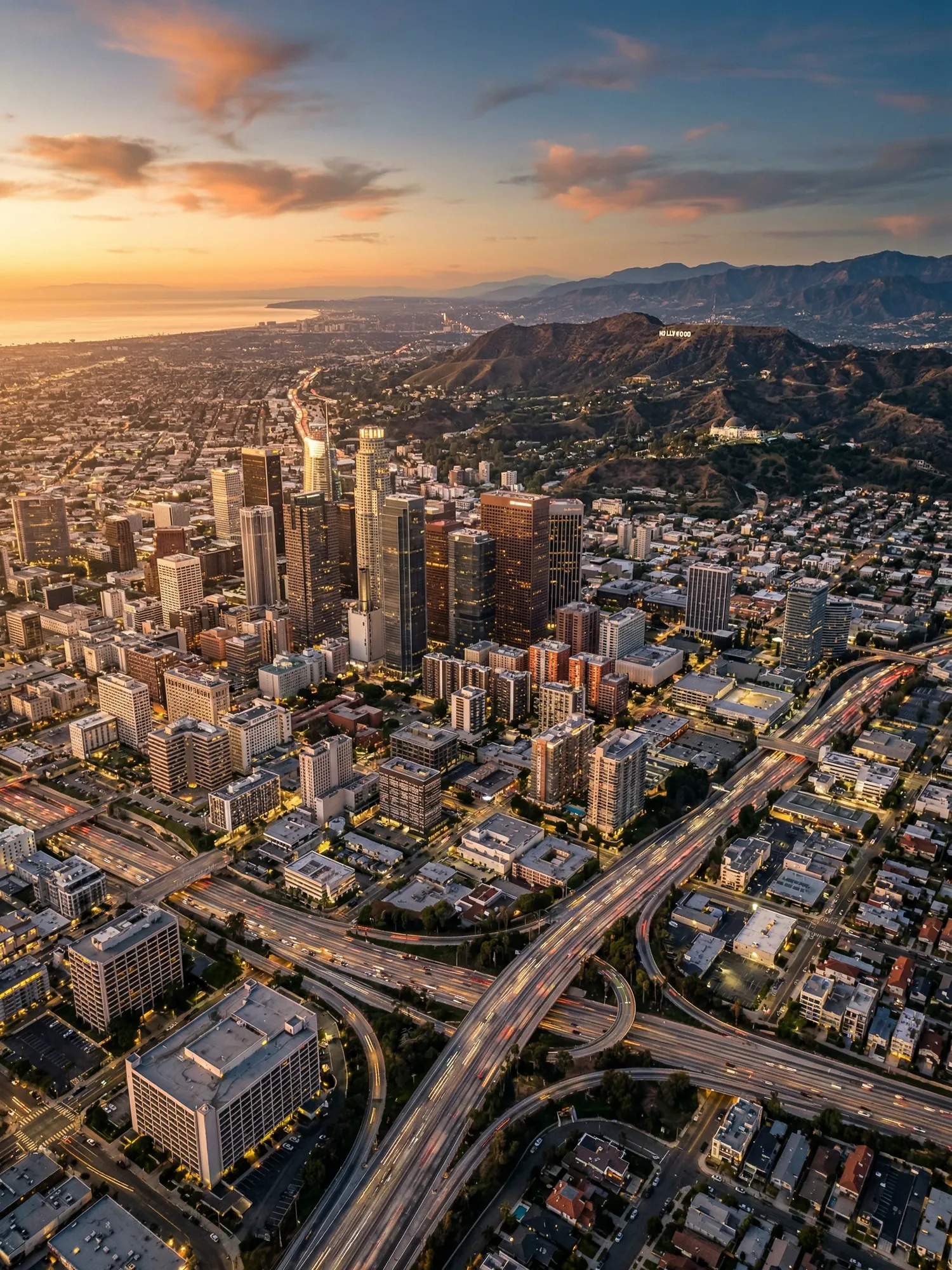Panoramic aerial view of Los Angeles skyline at golden hour