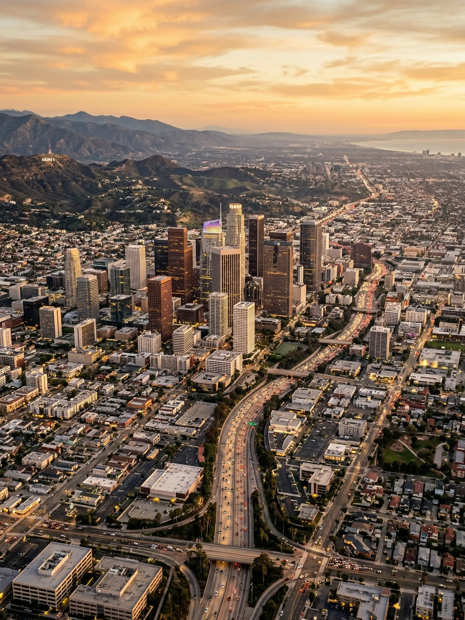 Panoramic aerial view of Los Angeles skyline at golden hour