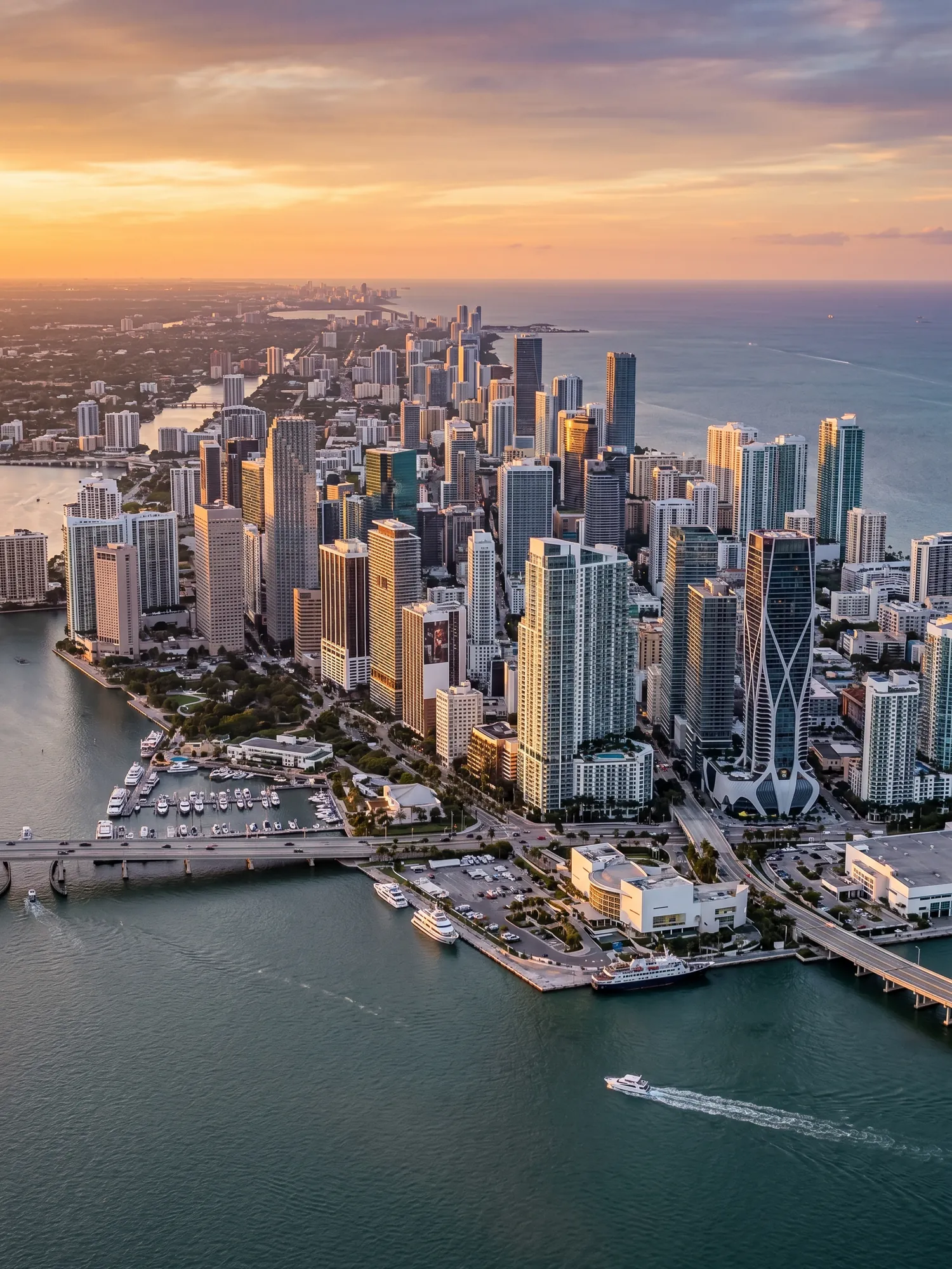 Panoramic aerial view of Miami skyline at golden hour