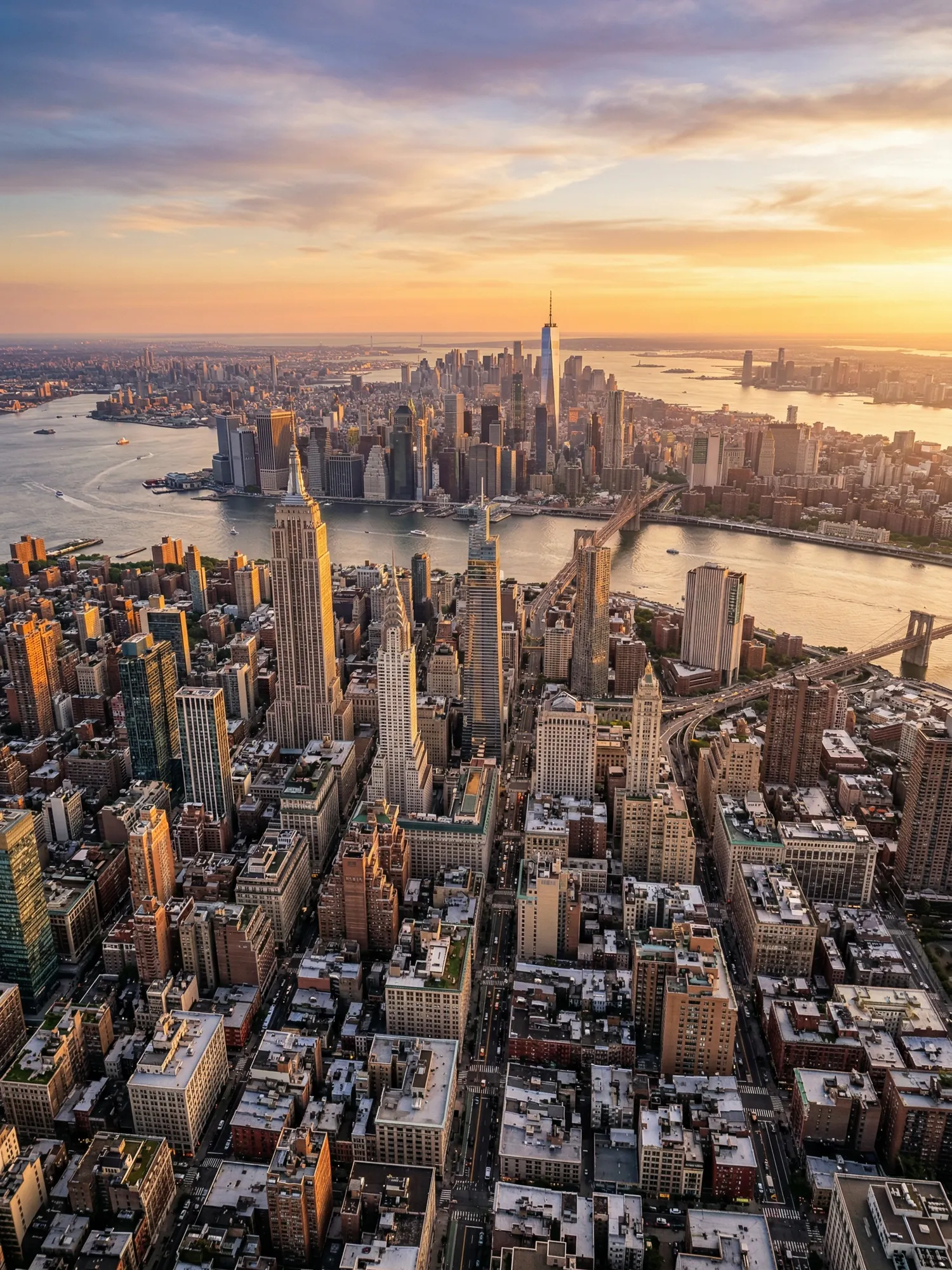 Panoramic aerial view of New York skyline at golden hour