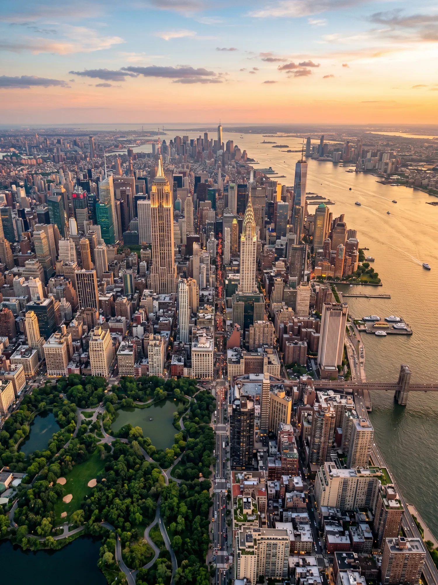 Panoramic aerial view of New York skyline at golden hour