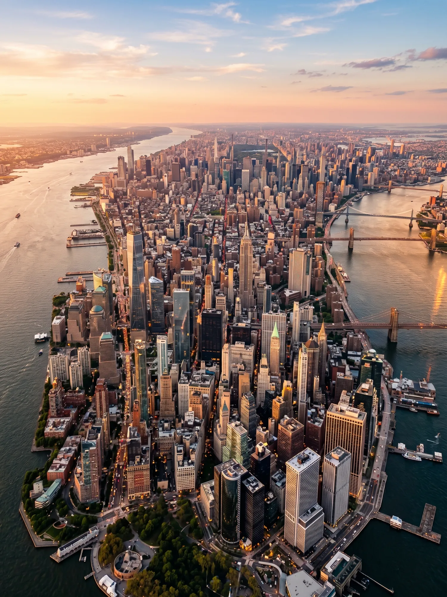 Panoramic aerial view of New York skyline at golden hour