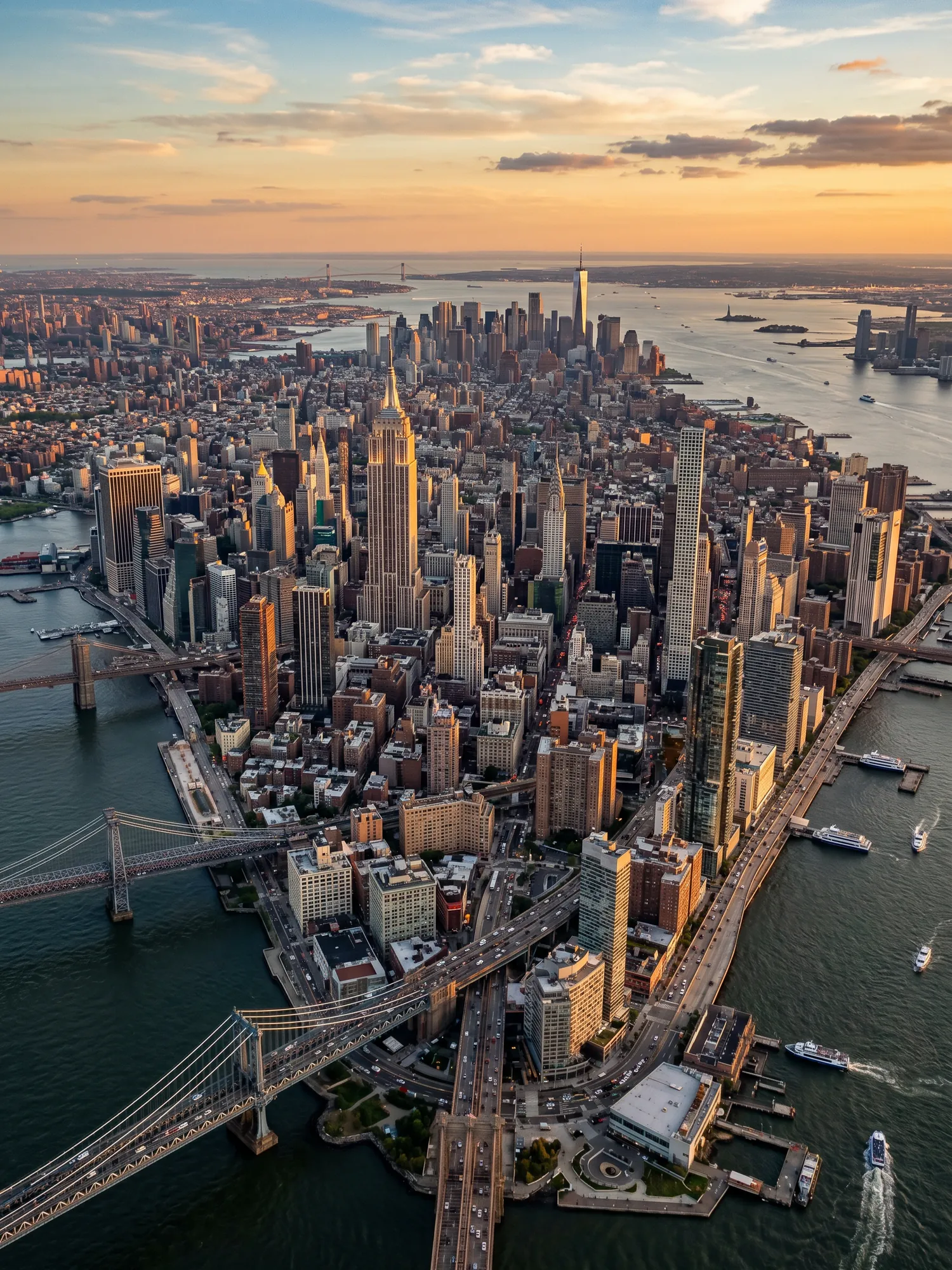Panoramic aerial view of New York skyline at golden hour