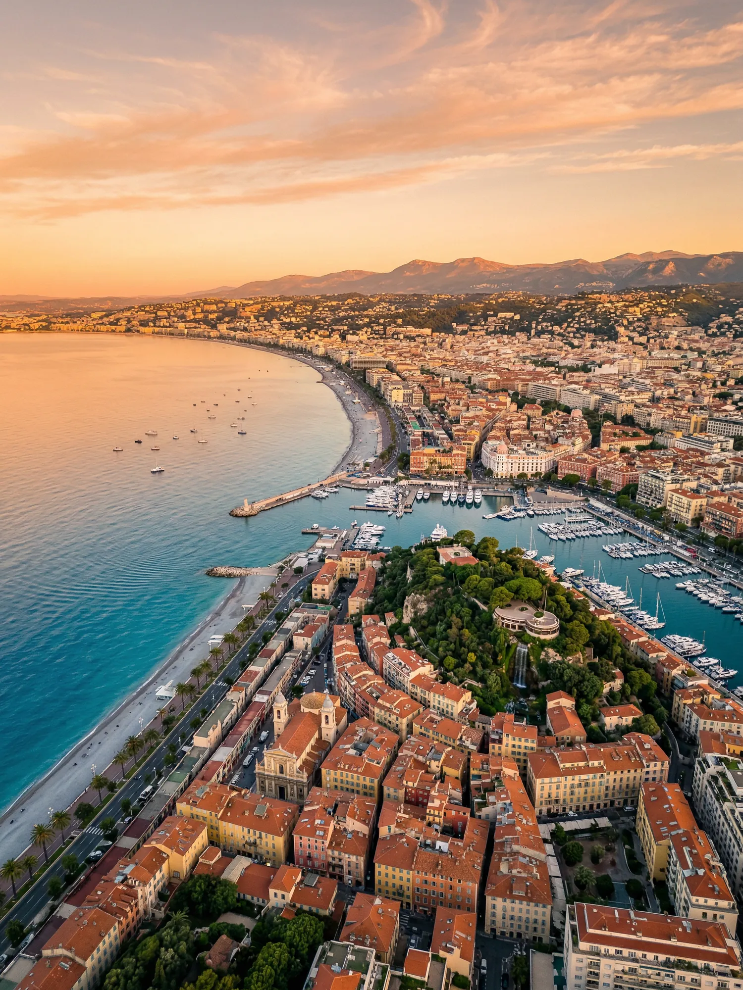 Panoramic aerial view of Nice skyline at golden hour