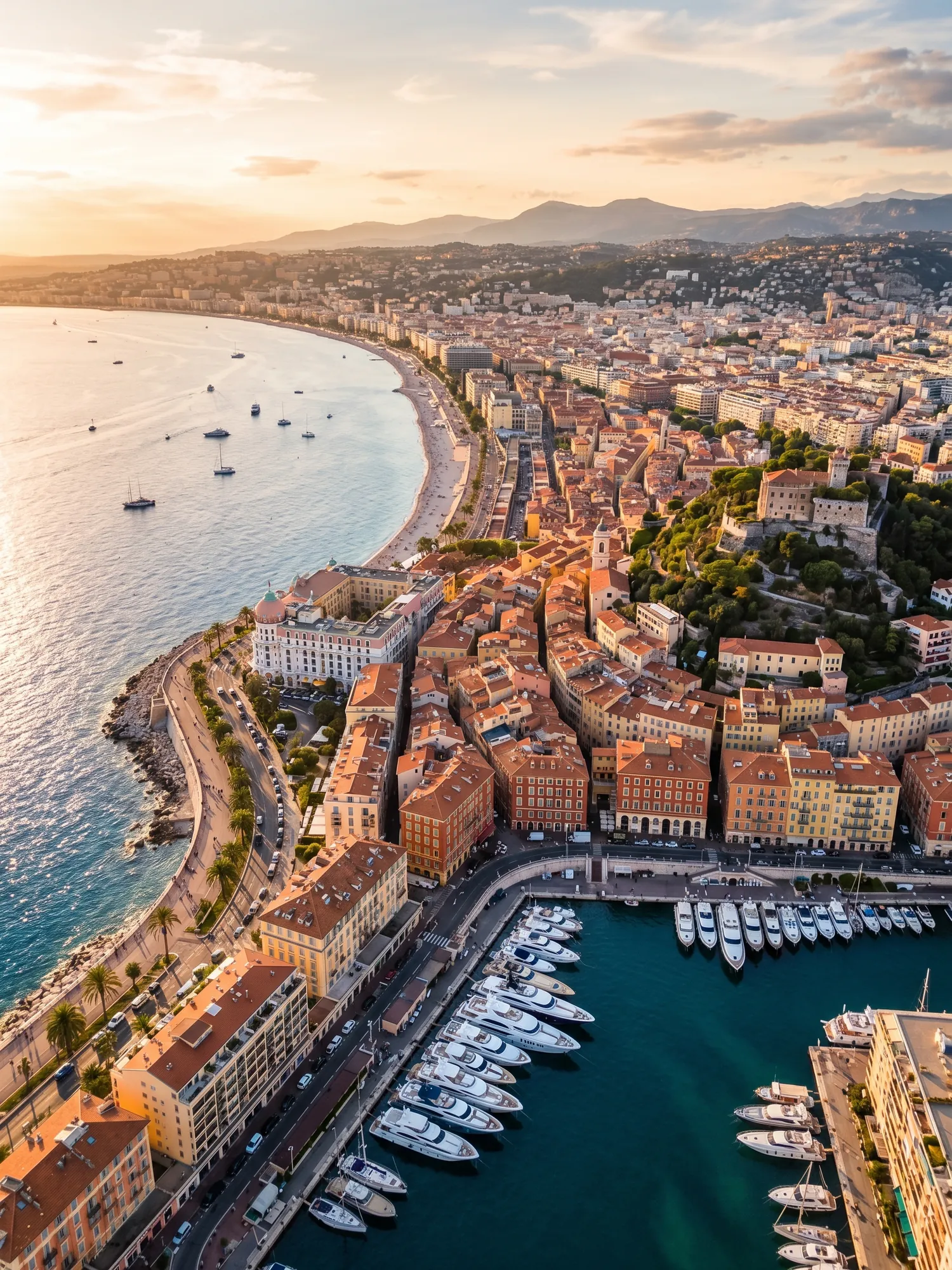 Panoramic aerial view of Nice skyline at golden hour